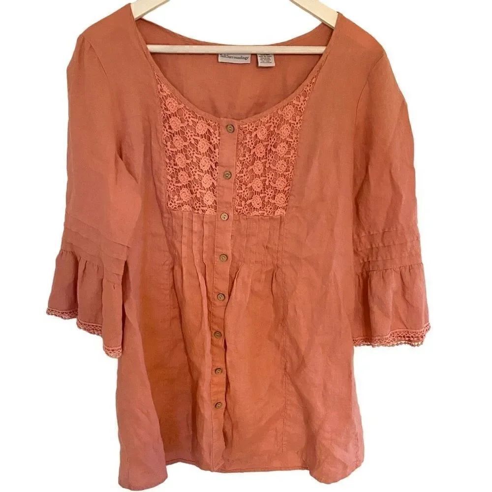 Soft Surroundings button down small 100% linen 3/4 sleeve pink salmon color